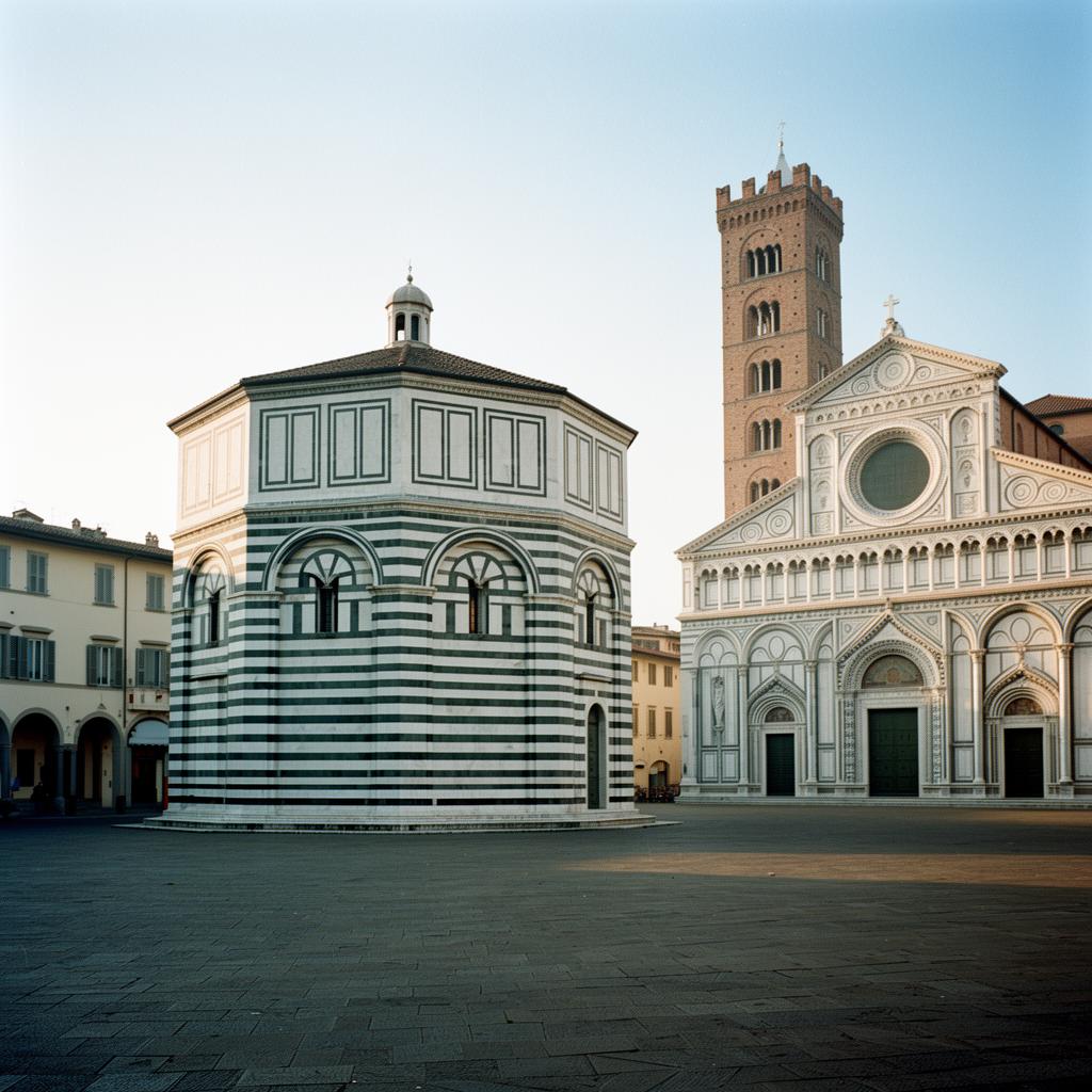 Piazza del Duomo di Pistoia con il Battistero ottagonale in marmo bianco e verde e il campanile romanico.