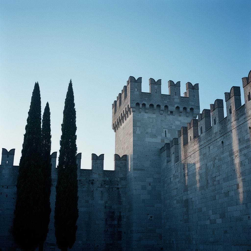 Castello dell'Imperatore di Prato, fortezza medievale di Federico II in pietra serena con cipressi.